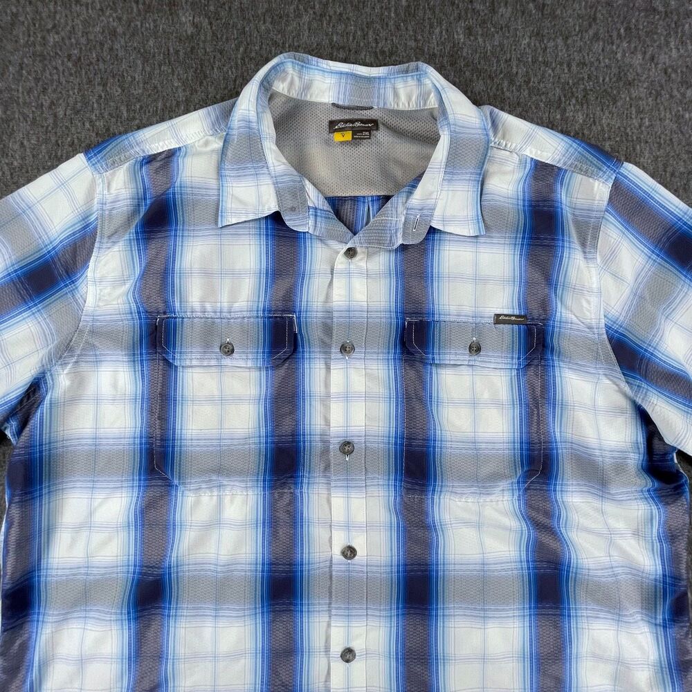 Eddie Bauer 2X Blue Plaid Fishing Shirt Mesh Vent Short Sleeve Hiking Gorpcore - Picture 2 of 12